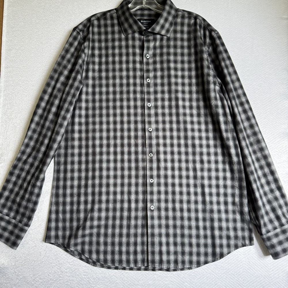 Bugatchi Shirt Mens XL‎ Gray Black Check Plaid Button Up Shaped Fit Cotton Dress